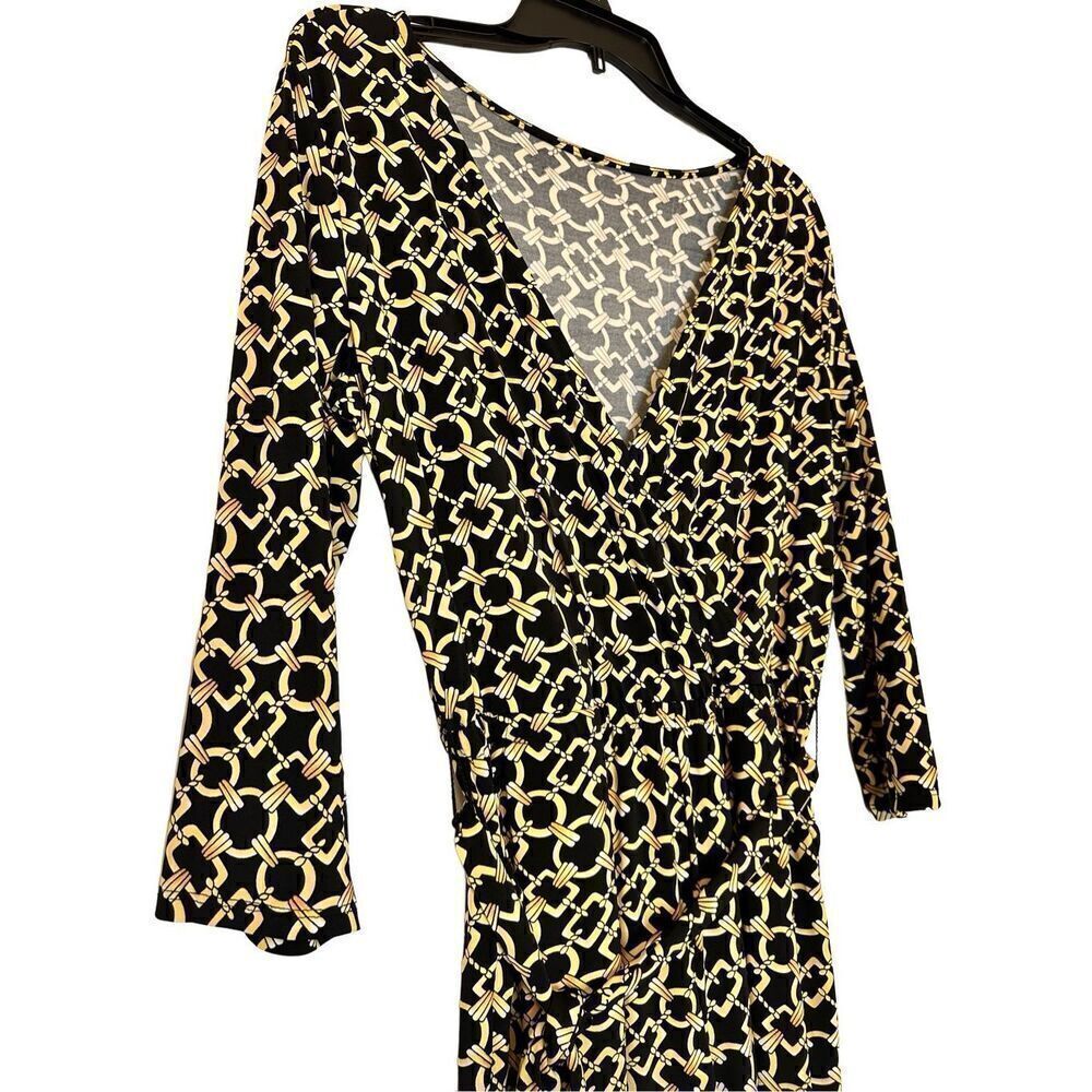 NY Collection Small 3/4 Sleeve Sash Tie Belted Wide Leg Gold Chain Black Jumpsui